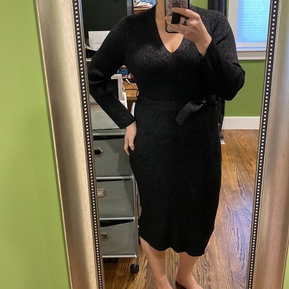 DKNY Sparkly Fitted Black Belted Midi Dress NWT - Picture 2 of 15